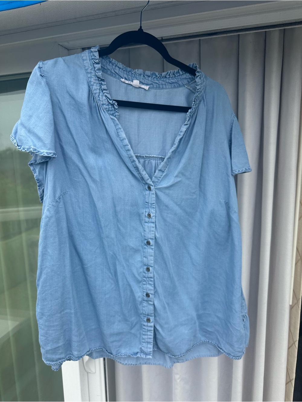 Jane and Delancey Light Blue Ruffle-Trim Button Front Top